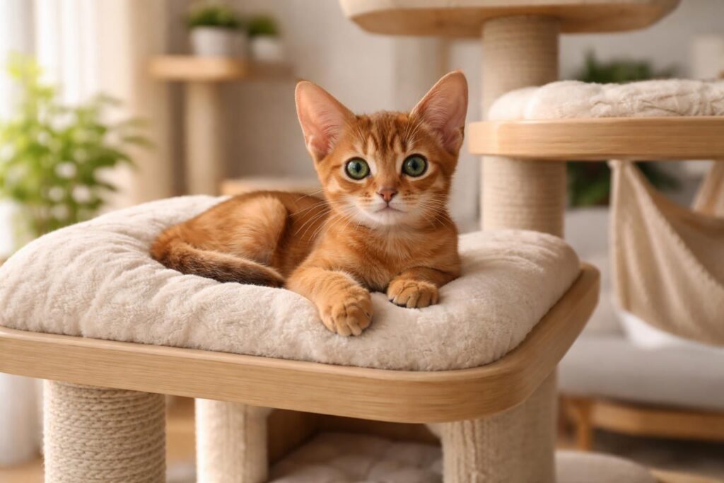 découvrez un chaton abyssin installé confortablement dans un arbre à chat, un moment de détente et de jeu pour votre compagnon félin.